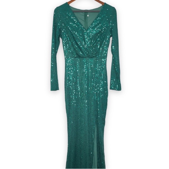 Gorgeous Dark Green Sequin Formal wrap Dress V-neck Long sleeve front Slit curve - Picture 10 of 11